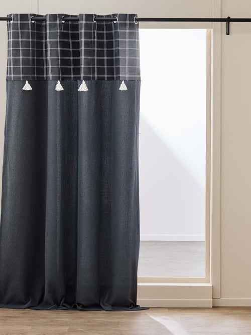 Rideau à œillets avec haut à carreaux et pompons en polycoton - Kiabi