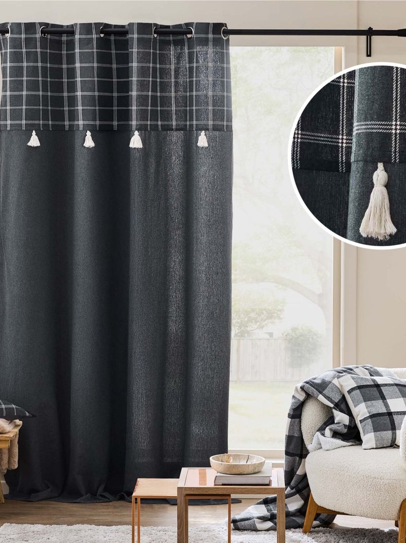 Rideau à œillets avec haut à carreaux et pompons en polycoton gris anthracite - Kiabi