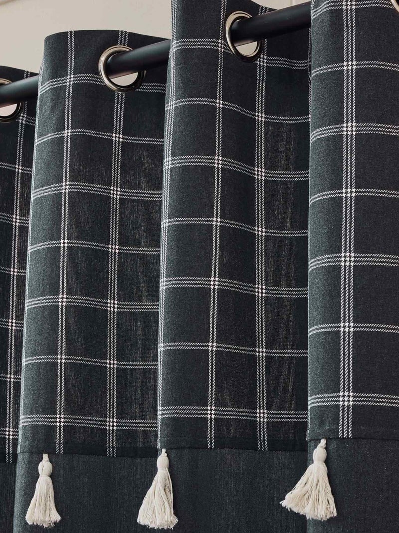 Rideau à œillets avec haut à carreaux et pompons en polycoton gris anthracite - Kiabi