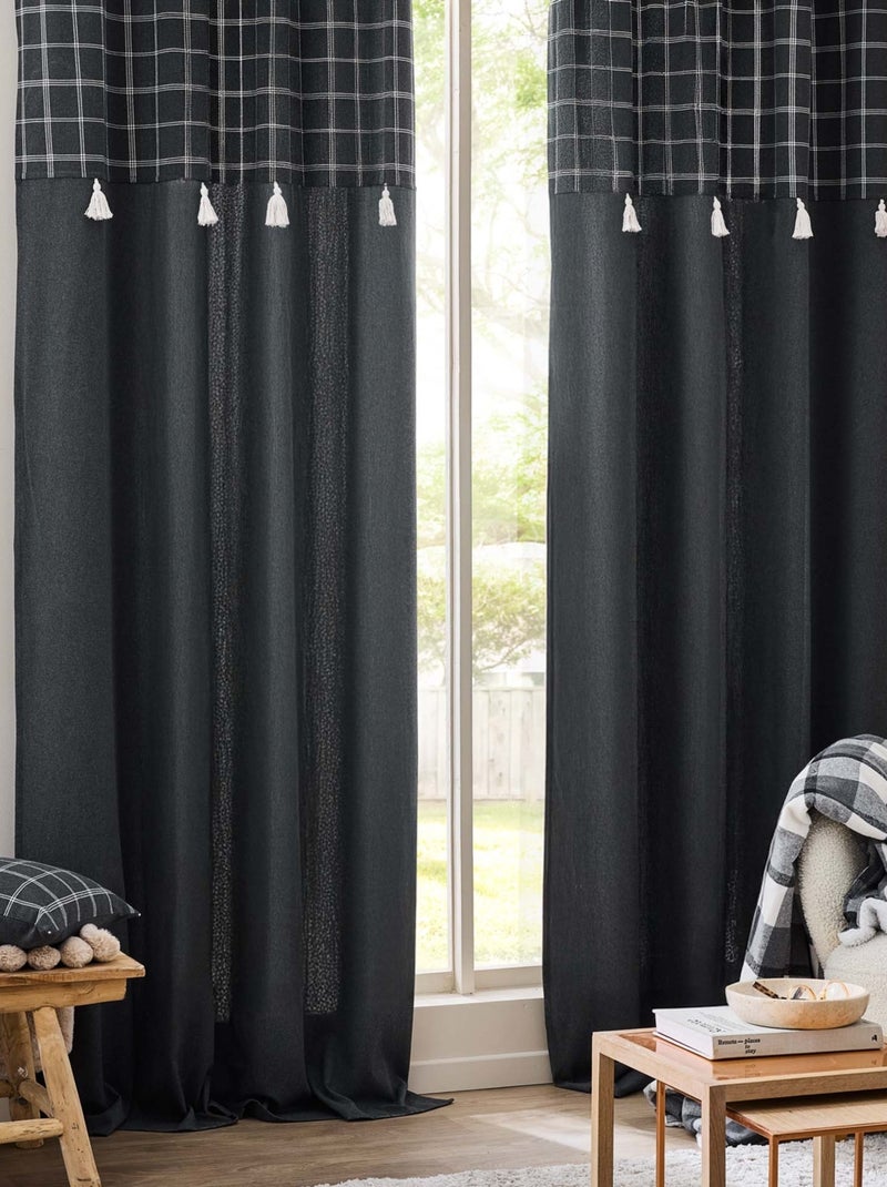 Rideau à œillets avec haut à carreaux et pompons en polycoton gris anthracite - Kiabi
