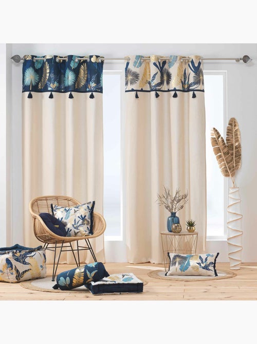 Rideau à œillets – Coton imprimé doré et pompons - Kiabi