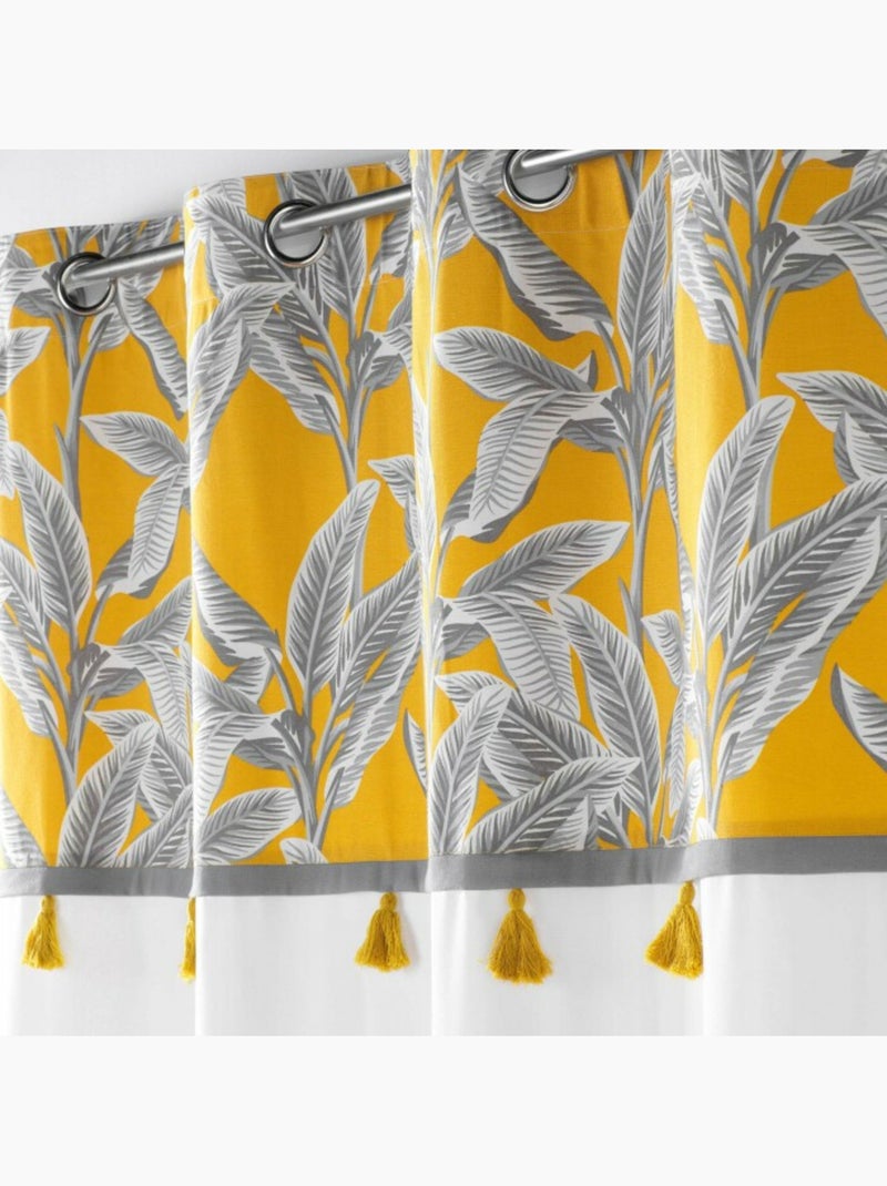 Rideau a oeillets coton uni+top imprime+pompons isibelle Jaune - Kiabi