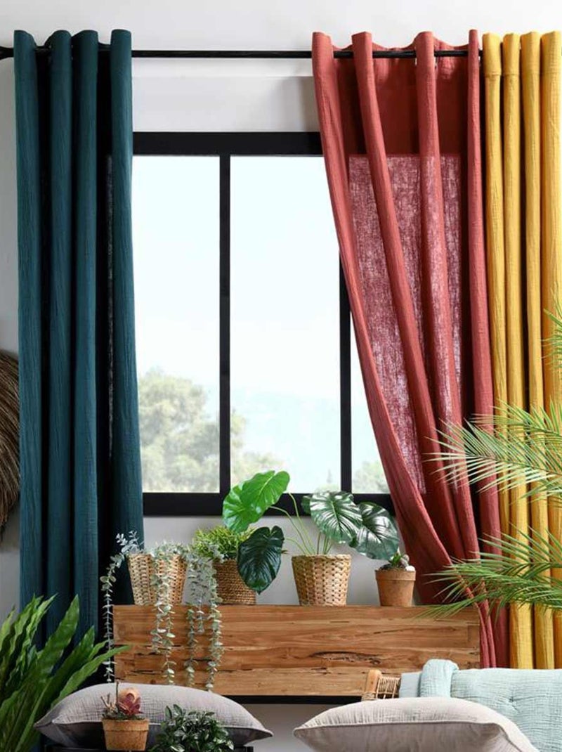 Rideau à oeillets en double gaze de coton Moutarde - Kiabi