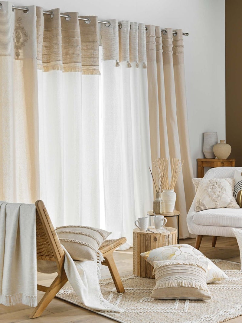 Rideau à œillets en poly-coton avec bande décorative Bois naturel - Kiabi