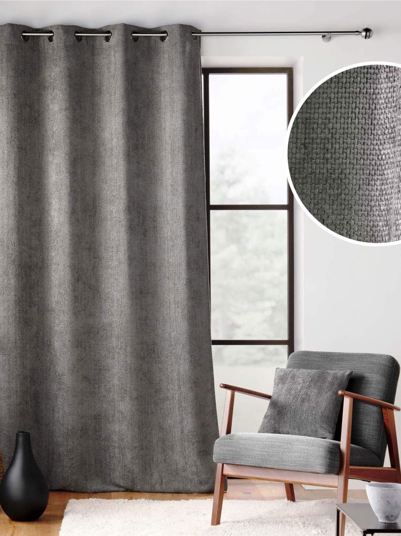 Rideau à œillets en velours chenille gris anthracite - Kiabi