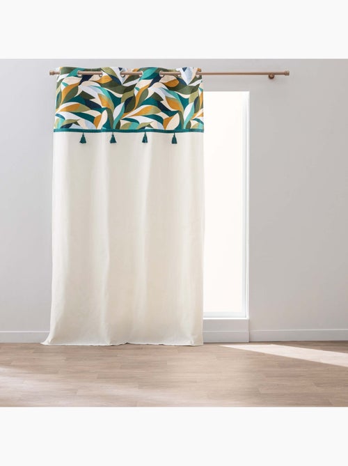 Rideau à œillets polycoton avec top feuillage graphique et pompons - Kiabi