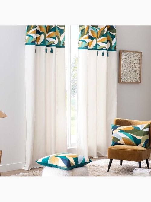 Rideau à œillets polycoton avec top feuillage graphique et pompons - Kiabi
