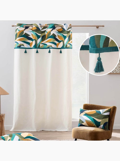 Rideau à œillets polycoton avec top feuillage graphique et pompons - Kiabi