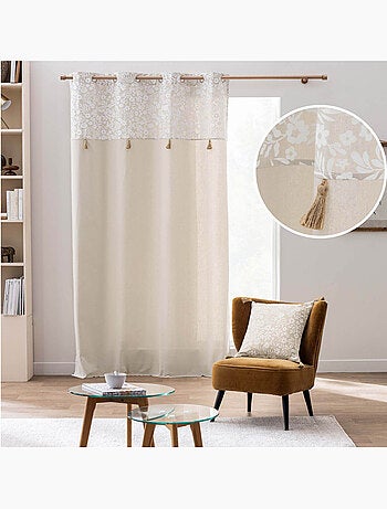 Rideau à œillets polycoton avec top floral et pompons