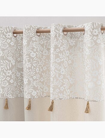Rideau à œillets polycoton avec top floral et pompons