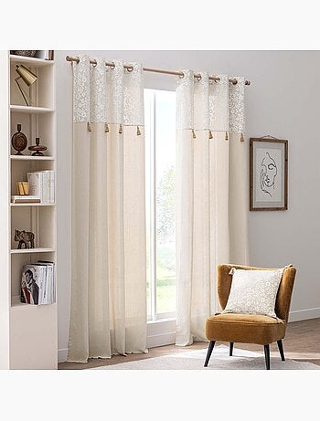 Rideau à œillets polycoton avec top floral et pompons