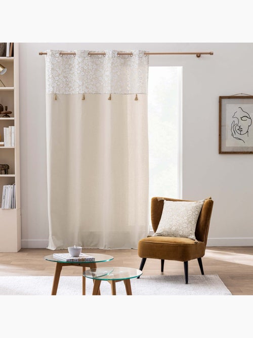 Rideau à œillets polycoton avec top floral et pompons - Kiabi