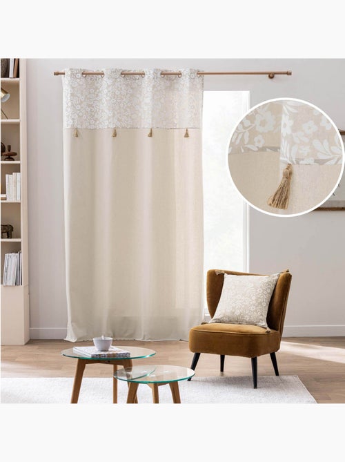 Rideau à œillets polycoton avec top floral et pompons - Kiabi