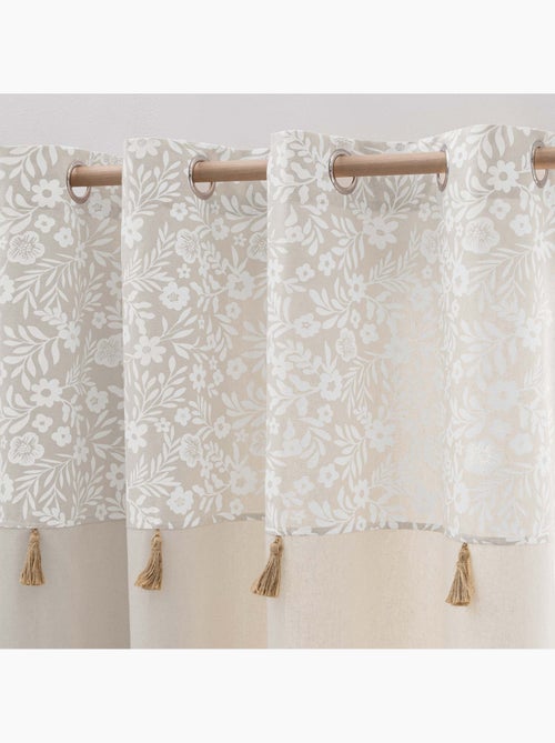 Rideau à œillets polycoton avec top floral et pompons - Kiabi
