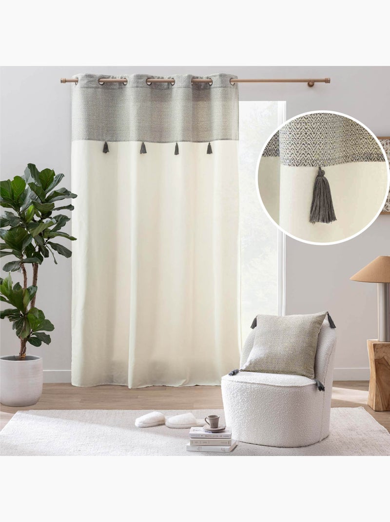 Rideau à œillets polycoton top métallisé texturé avec pompons Bois naturel - Kiabi