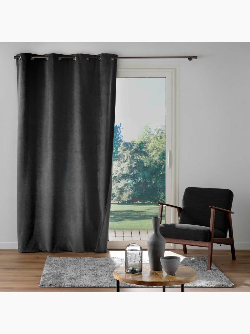 Rideau à œillets – Velours relief – 100 % Occultant et Thermique gris anthracite - Kiabi