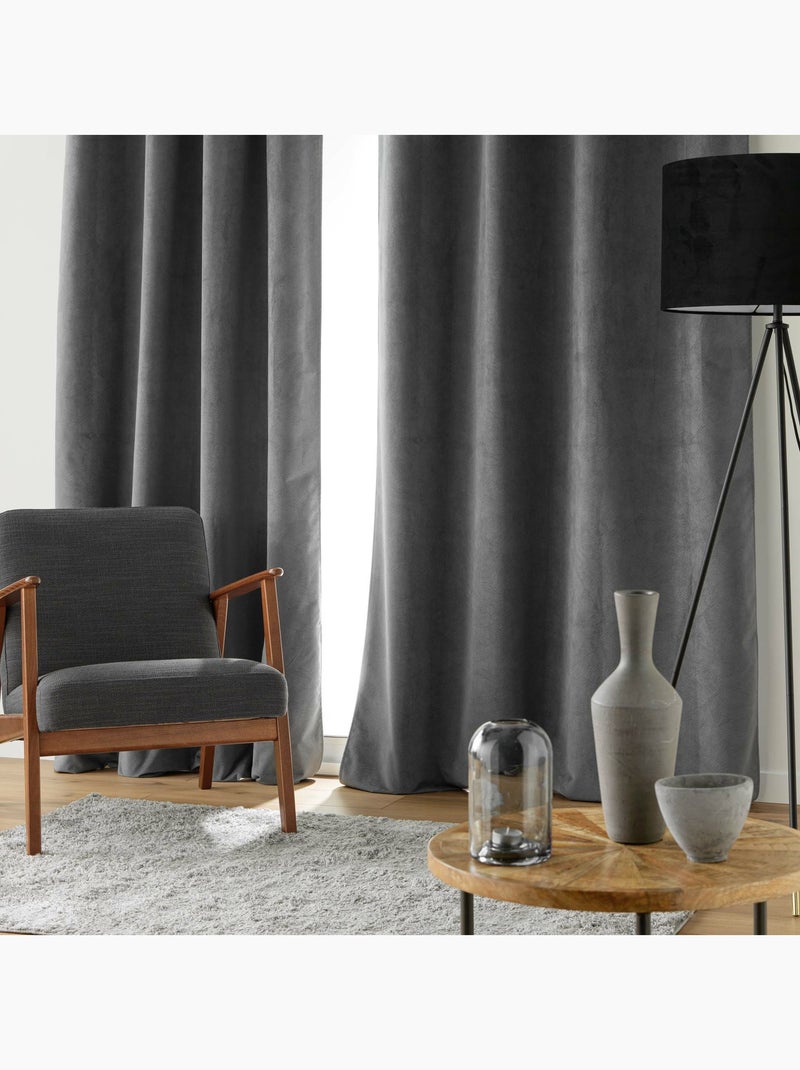 Rideau à œillets – Velours relief – 100 % Occultant et Thermique gris anthracite - Kiabi