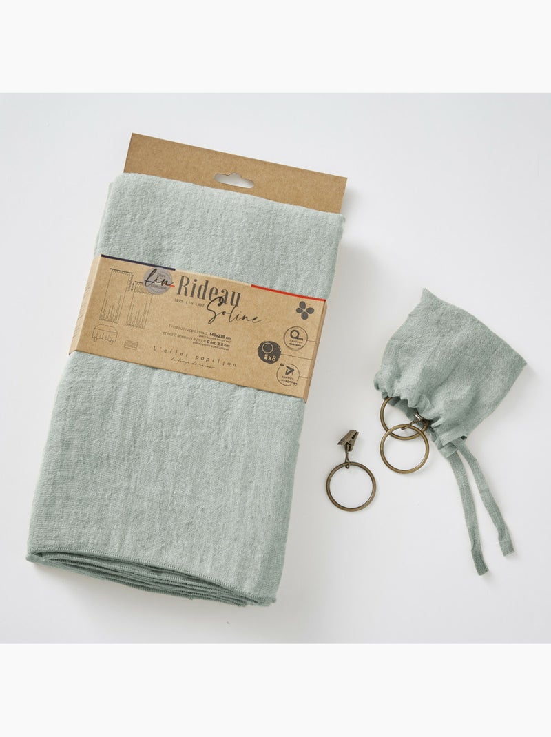 Rideau ajustable + 8 anneaux pince – lin lavé français luxe - soline Vert eucalyptus - Kiabi