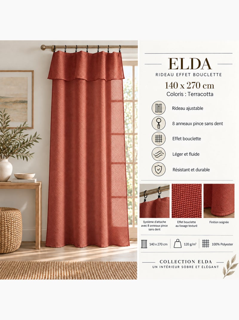 Rideau ajustable + 8 anneaux pince polyester effet bouclette Terracotta - Kiabi