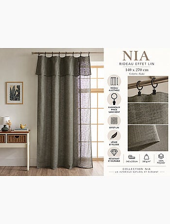 Rideau ajustable + 8 anneaux pince polyester effet lin nia
