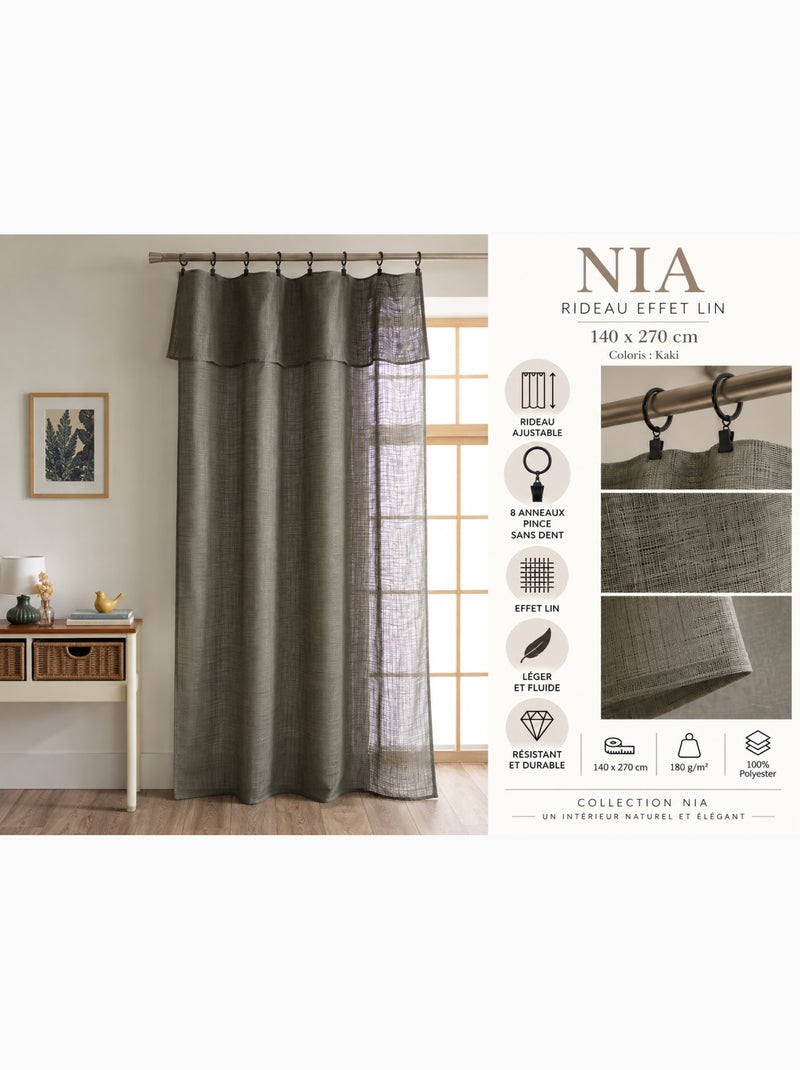 Rideau ajustable + 8 anneaux pince polyester effet lin nia Kaki - Kiabi