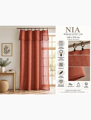 Rideau ajustable + 8 anneaux pince polyester effet lin nia
