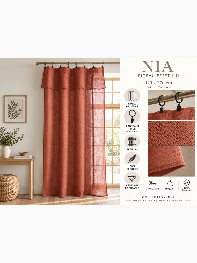 Rideau ajustable + 8 anneaux pince polyester effet lin nia Terracotta - Kiabi