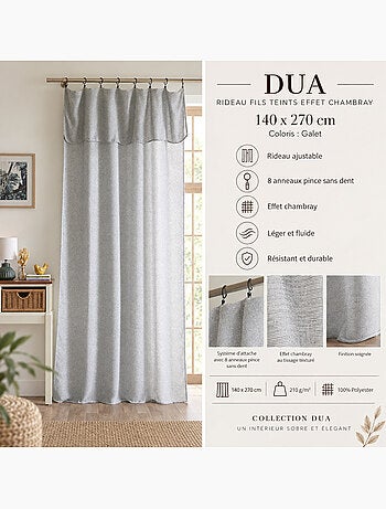 Rideau ajustable + 8 anneaux pince polyester fils teints effet chambray