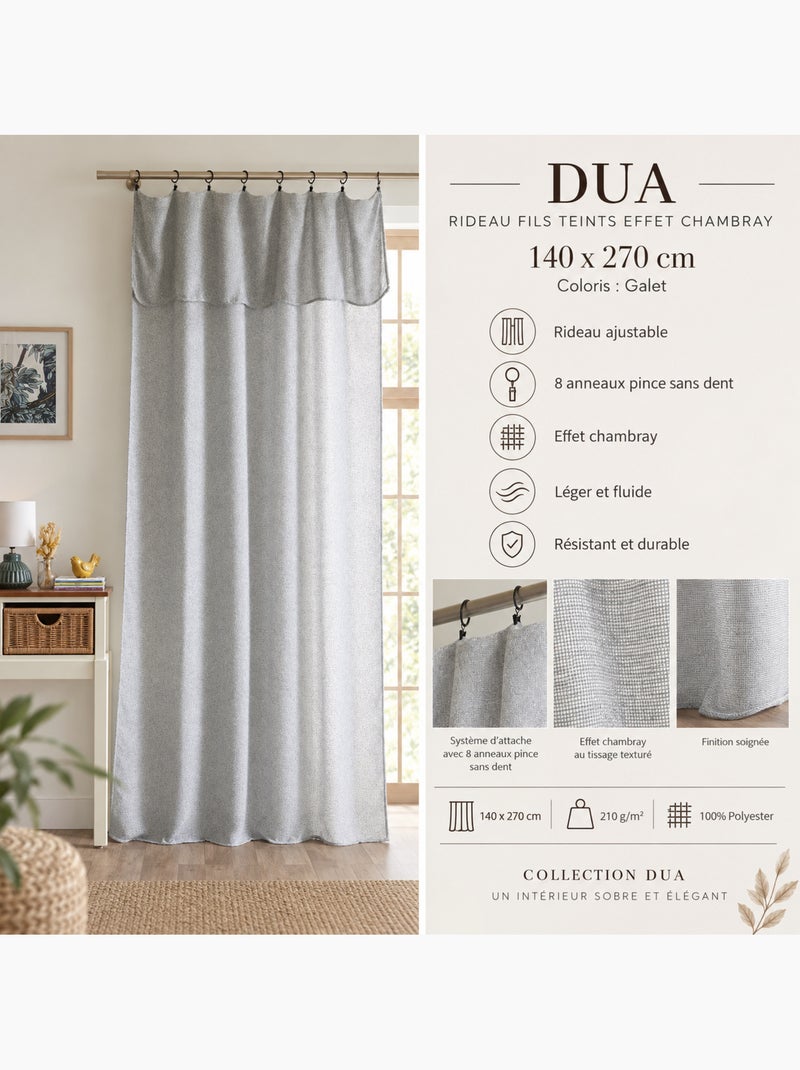 Rideau ajustable + 8 anneaux pince polyester fils teints effet chambray Gris galet - Kiabi