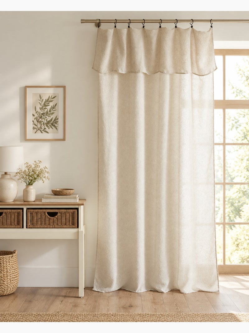 Rideau ajustable + 8 anneaux pince polyester fils teints effet chambray Sable - Kiabi