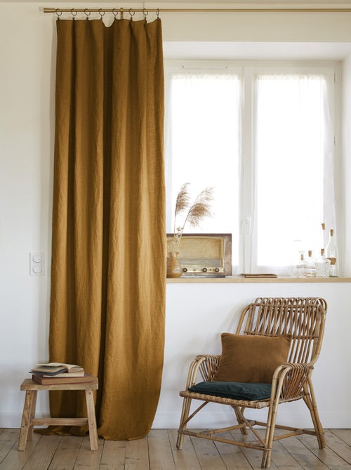 Rideau ajustable + 8 anneaux pince "Soline" 140 x 270 cm Lin lavé - Soline Caramel - 1 Panneau ajust - Kiabi