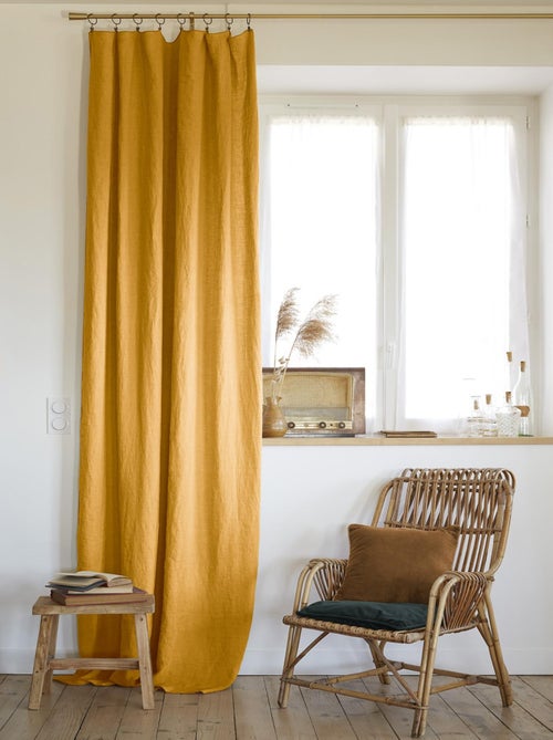 Rideau ajustable + 8 anneaux pince "Soline" 140 x 270 cm Lin lavé - Soline Miel - Kiabi