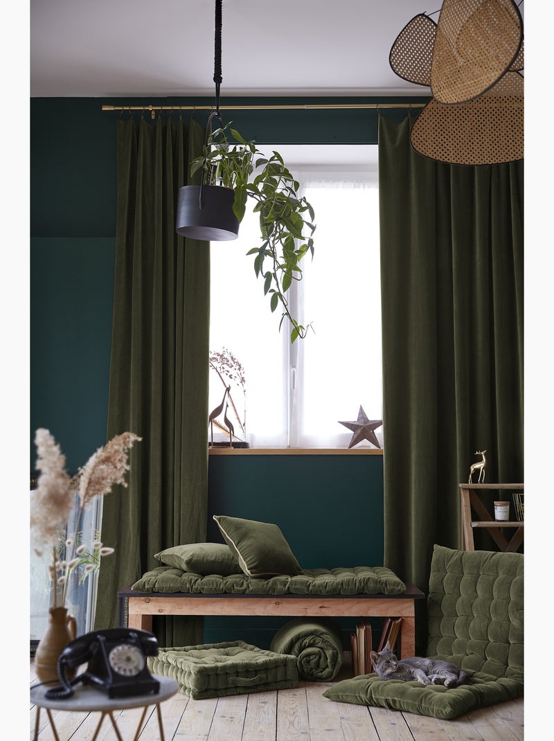 Rideau Ajustable + 8 Anneaux Pince – Velours de Coton César Kaki - Kiabi