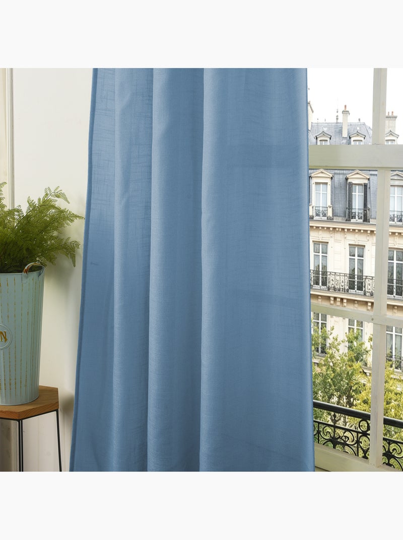 Rideau ajustable + 8 anneaux pinces – effet lin evasion Bleu - Kiabi