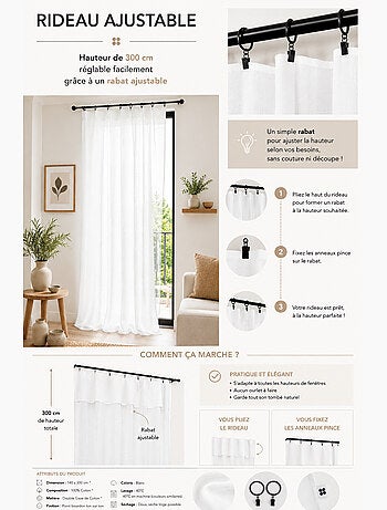 Rideau Ajustable Double Gaze de Coton avec 8 Anneaux Pince GAÏA – Hauteur Modulable