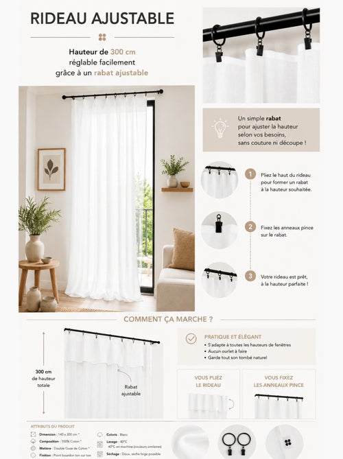 Rideau Ajustable Double Gaze de Coton avec 8 Anneaux Pince GAÏA – Hauteur Modulable - Kiabi