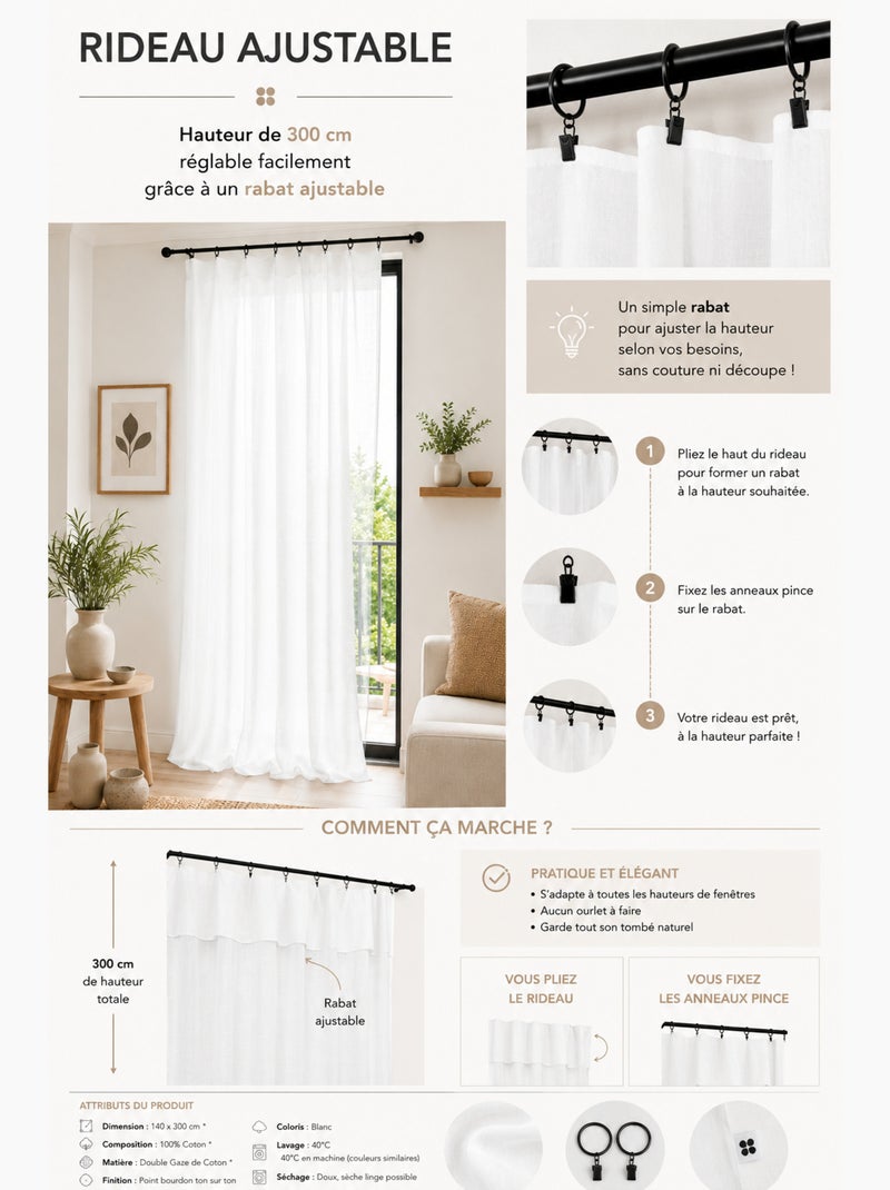 Rideau Ajustable Double Gaze de Coton avec 8 Anneaux Pince GAÏA – Hauteur Modulable Blanc - Kiabi