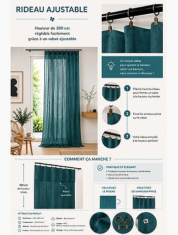 Rideau Ajustable Double Gaze de Coton avec 8 Anneaux Pince GAÏA – Hauteur Modulable