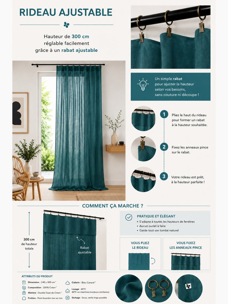 Rideau Ajustable Double Gaze de Coton avec 8 Anneaux Pince GAÏA – Hauteur Modulable Bleu canard - Kiabi