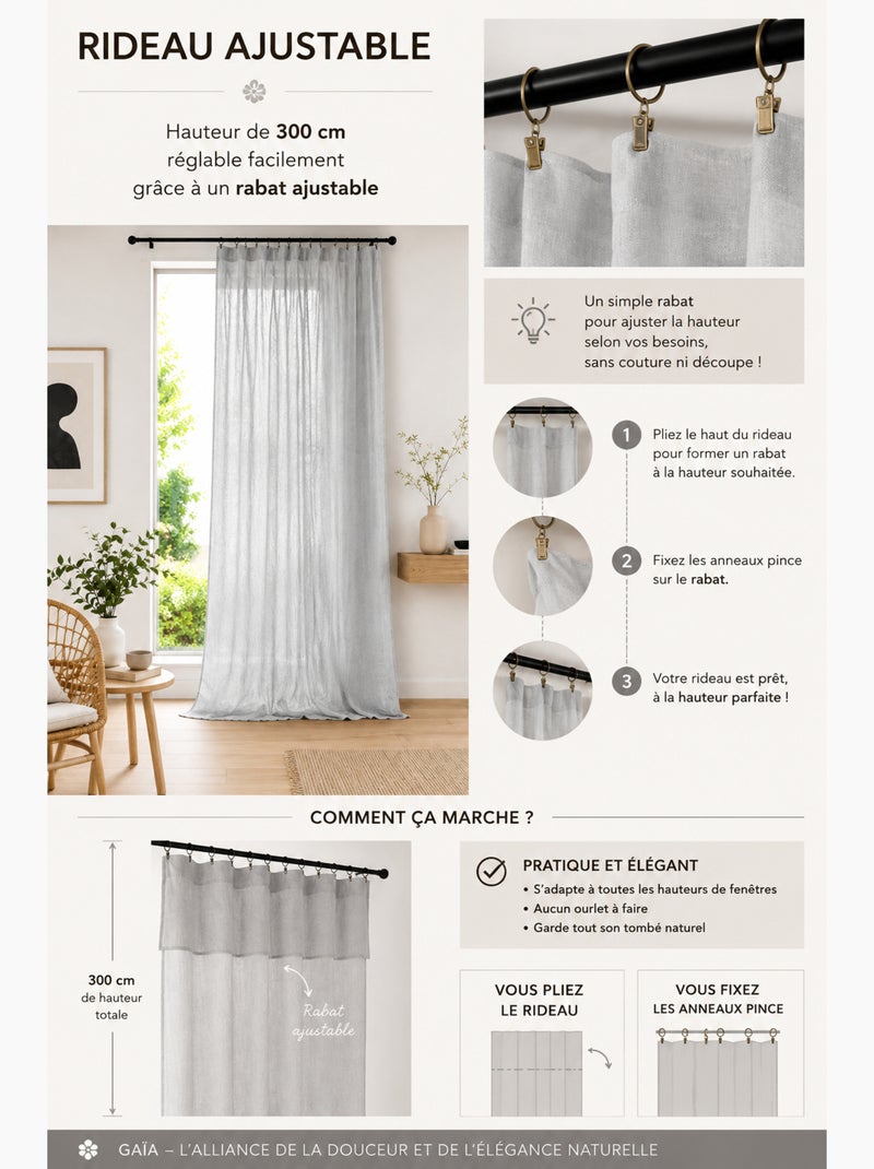 Rideau Ajustable Double Gaze de Coton avec 8 Anneaux Pince GAÏA – Hauteur Modulable Gris clair - Kiabi
