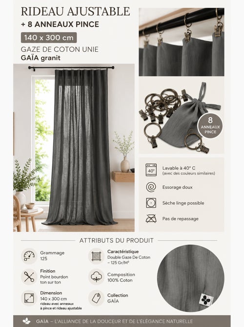 Rideau Ajustable Double Gaze de Coton avec 8 Anneaux Pince GAÏA – Hauteur Modulable - Kiabi Rideau Ajustable Double Gaze de Coton avec 8 Anneaux Pince GAÏA – Hauteur Modulable - Kiabi