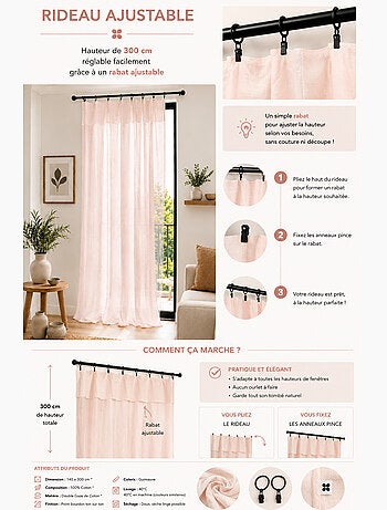Rideau Ajustable Double Gaze de Coton avec 8 Anneaux Pince GAÏA – Hauteur Modulable
