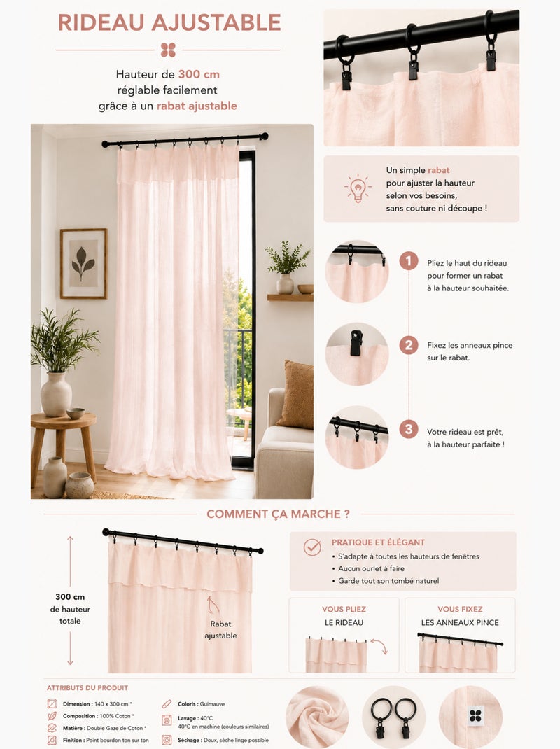 Rideau Ajustable Double Gaze de Coton avec 8 Anneaux Pince GAÏA – Hauteur Modulable Rose clair - Kiabi