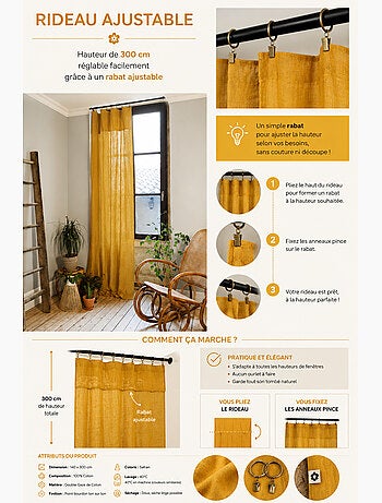 Rideau Ajustable Double Gaze de Coton avec 8 Anneaux Pince GAÏA – Hauteur Modulable