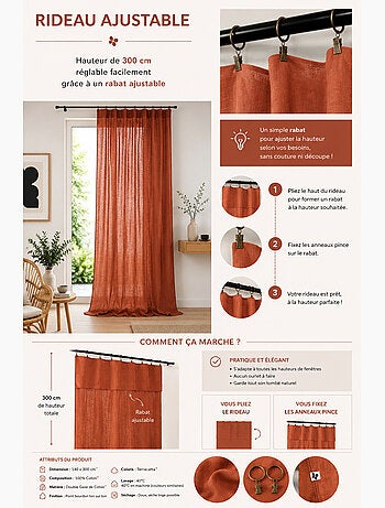 Rideau Ajustable Double Gaze de Coton avec 8 Anneaux Pince GAÏA – Hauteur Modulable