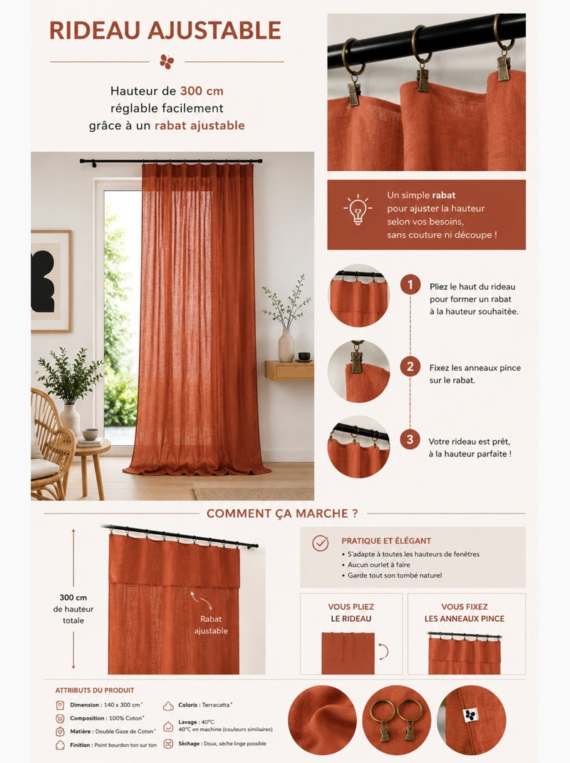Rideau Ajustable Double Gaze de Coton avec 8 Anneaux Pince GAÏA – Hauteur Modulable Terracotta - Kiabi