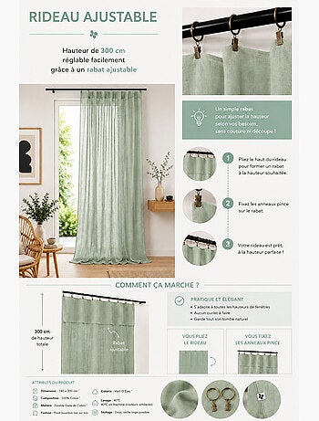 Rideau Ajustable Double Gaze de Coton avec 8 Anneaux Pince GAÏA – Hauteur Modulable