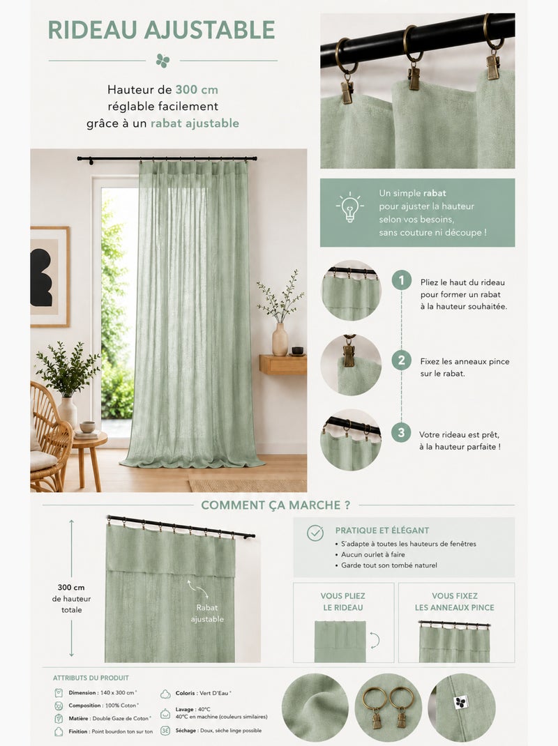 Rideau Ajustable Double Gaze de Coton avec 8 Anneaux Pince GAÏA – Hauteur Modulable Vert d'eau - Kiabi