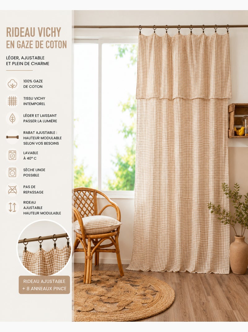 Rideau ajustable double gaze de coton vichie Beige Ficelle - Kiabi