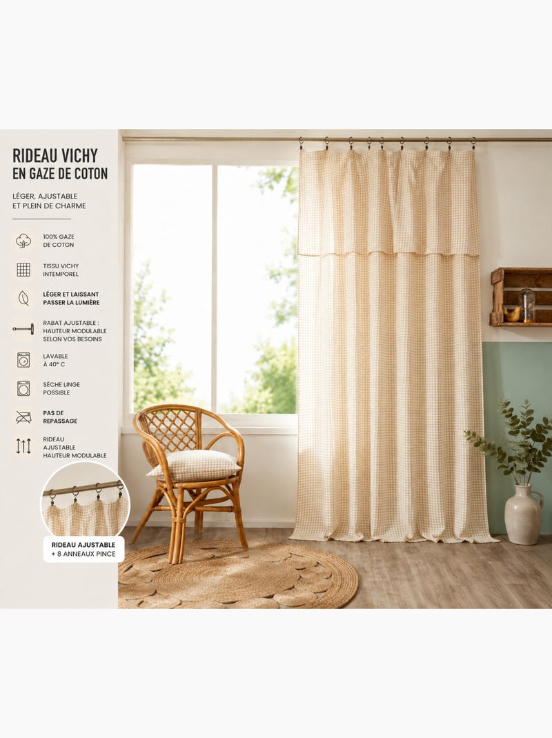 Rideau ajustable double gaze de coton vichie Beige Pampa - Kiabi